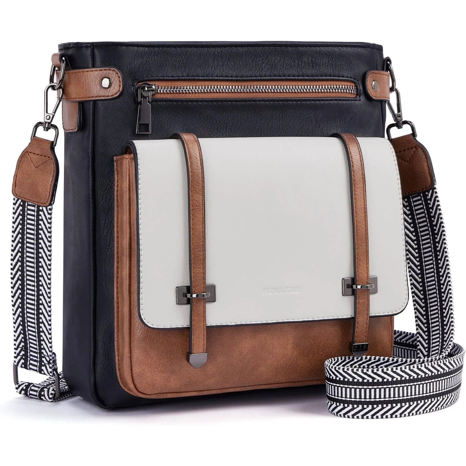 Roulens Flap Guitar-Strap Crossbody in Black/White/Brown
